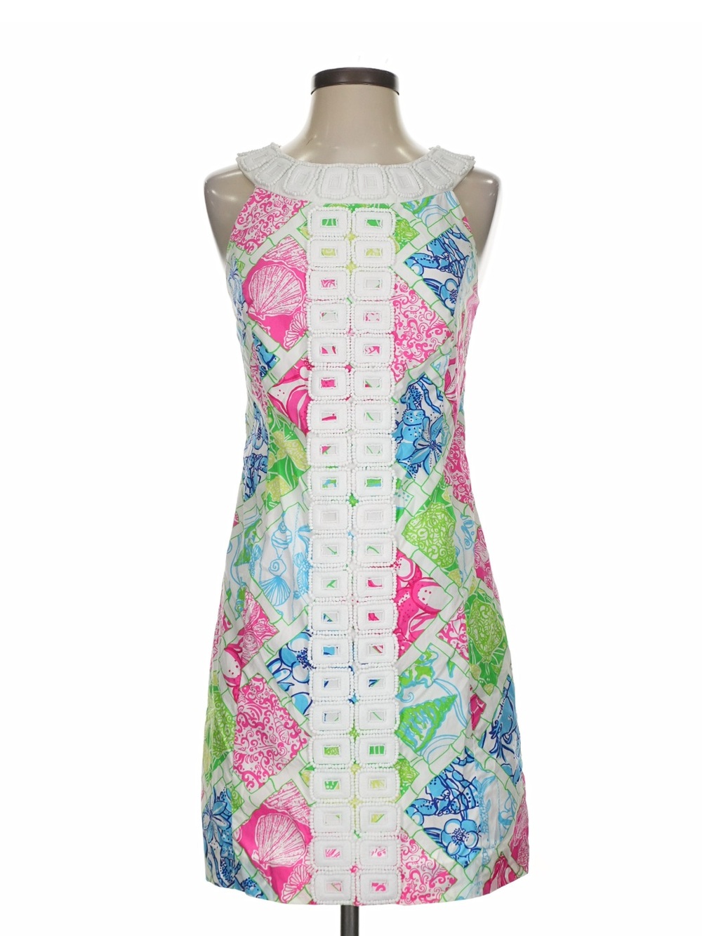 Lilly Pulitzer Pink Blue Green Patchwork Shift Dress with White Crochet